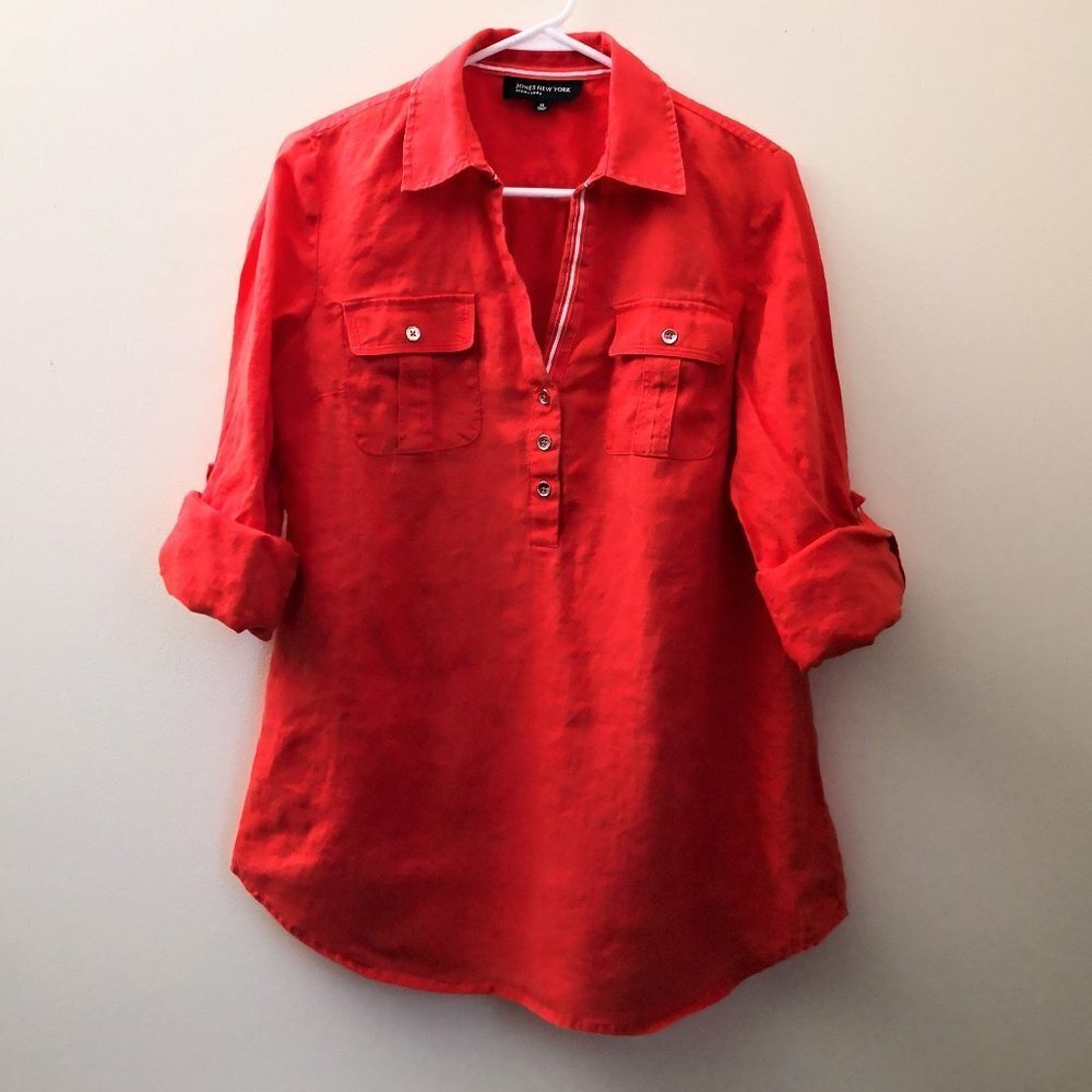 Jones New York 100% Linen Roll Tab Tunic Top Coral Size M